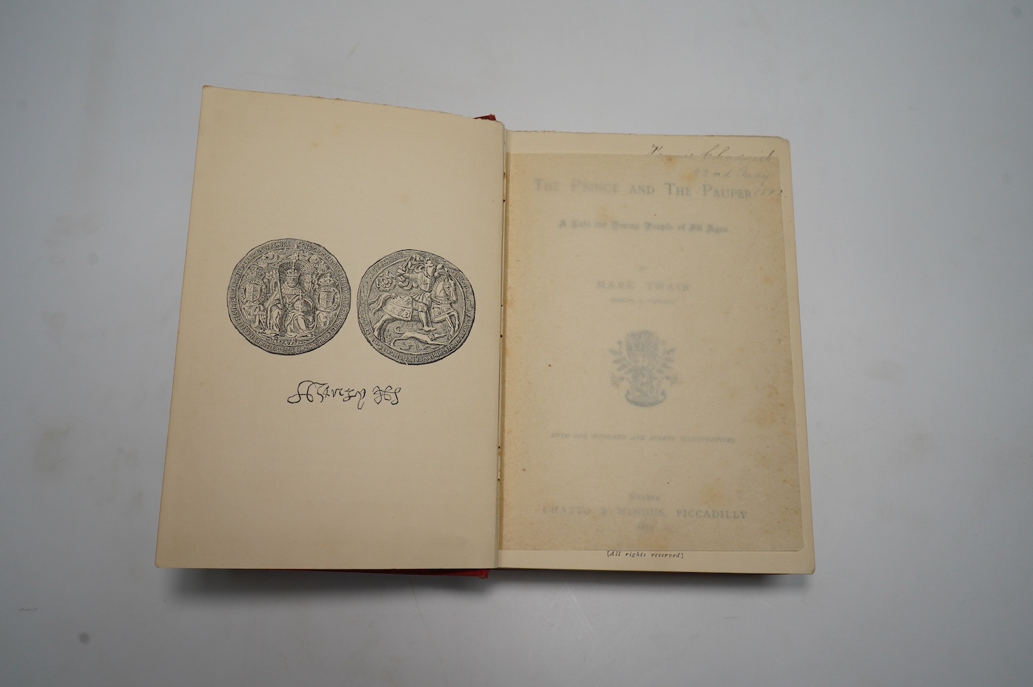 Twain, Mark - The Price and the Pauper: a tale for young people of all ages. First Edition (2nd state). title vignette, many engraved illus. (some full page), 32pp. catalogue (Nov.1881) at end at 4pp. adverts. preceding